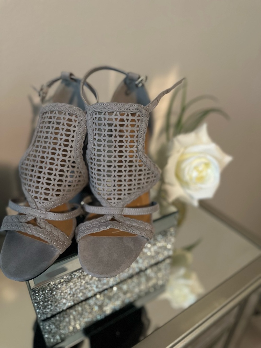 Charlotte Russe Gray Laser-Cut Suede Open-Toe Heels